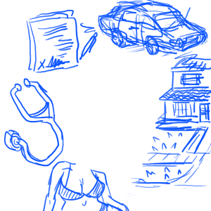 a drawing of a skull surrounded by things that have been on my mind